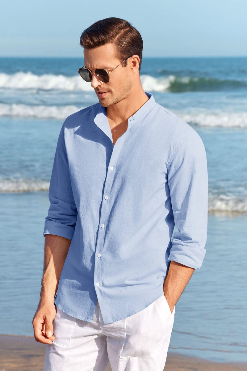 Makkrom Men Linen Shirt Button Down Long Sleeve Cotton Beach Band Collar Casual Summer Shirts - Image 4